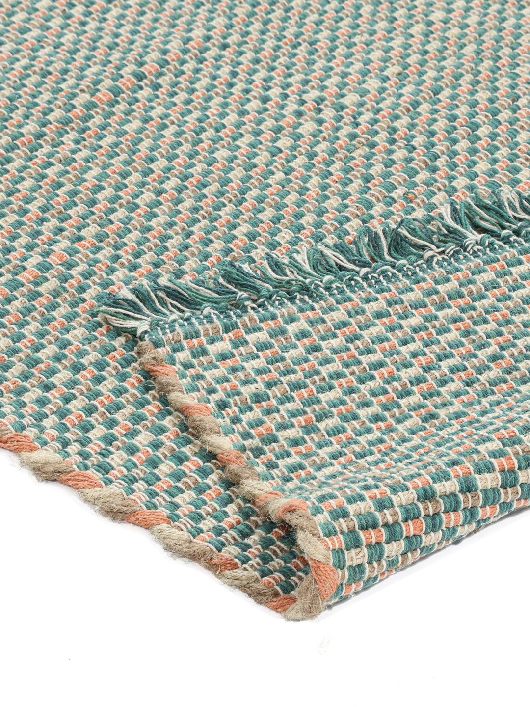 Handgeweven turquoise en blauwgroene loper met franjes