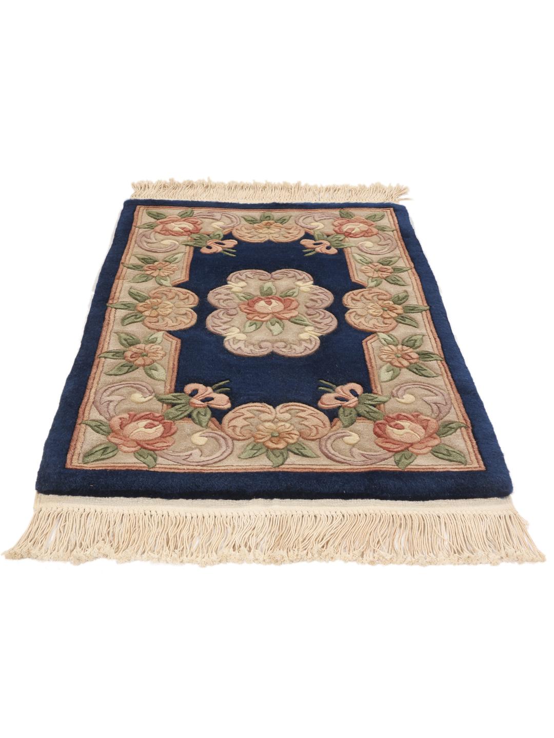 Hand-knotted floral rug from China in blue and beige