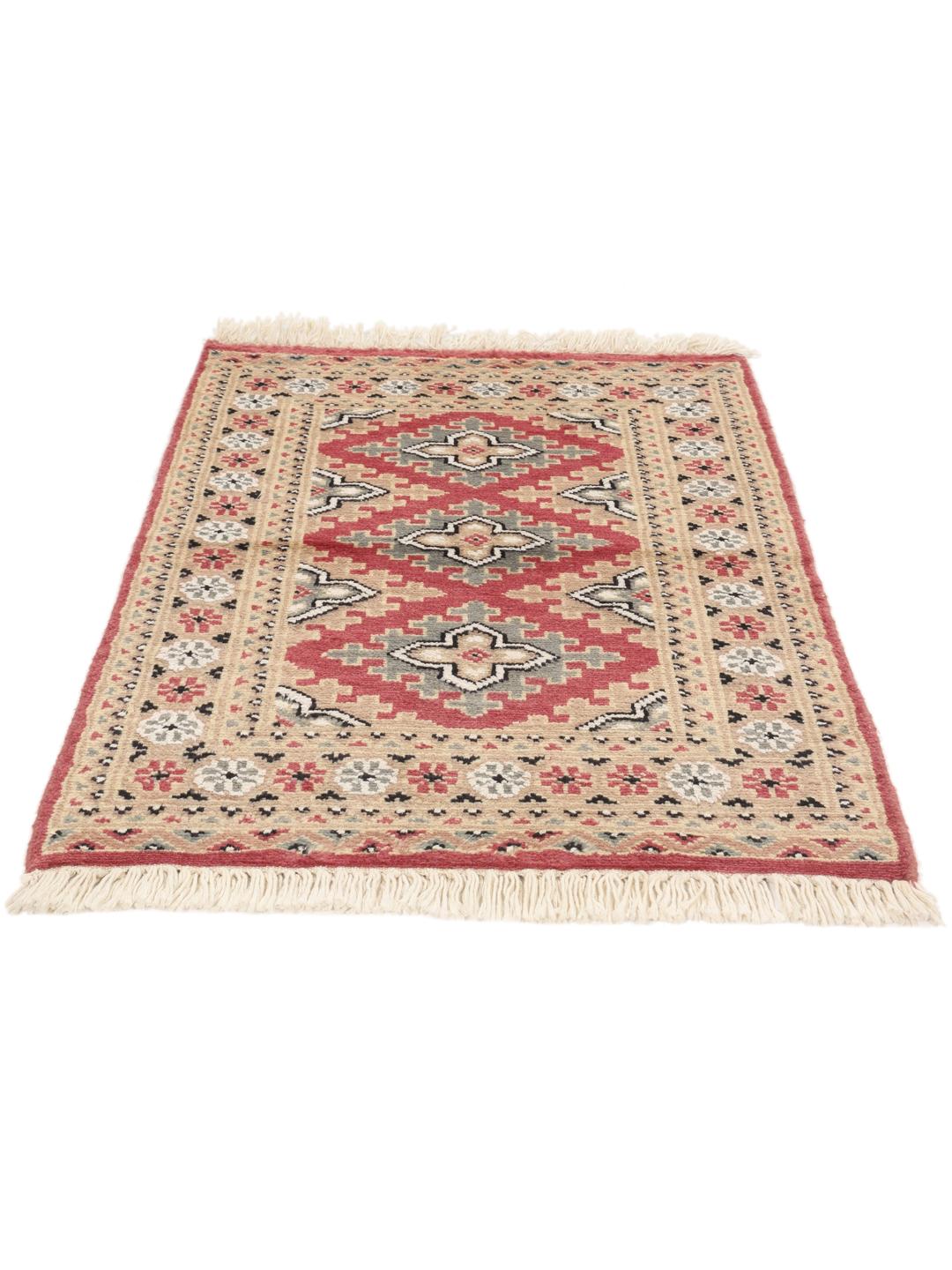 Hand-knotted Pakistan Bokhara rug featuring red and beige geometric patterns.