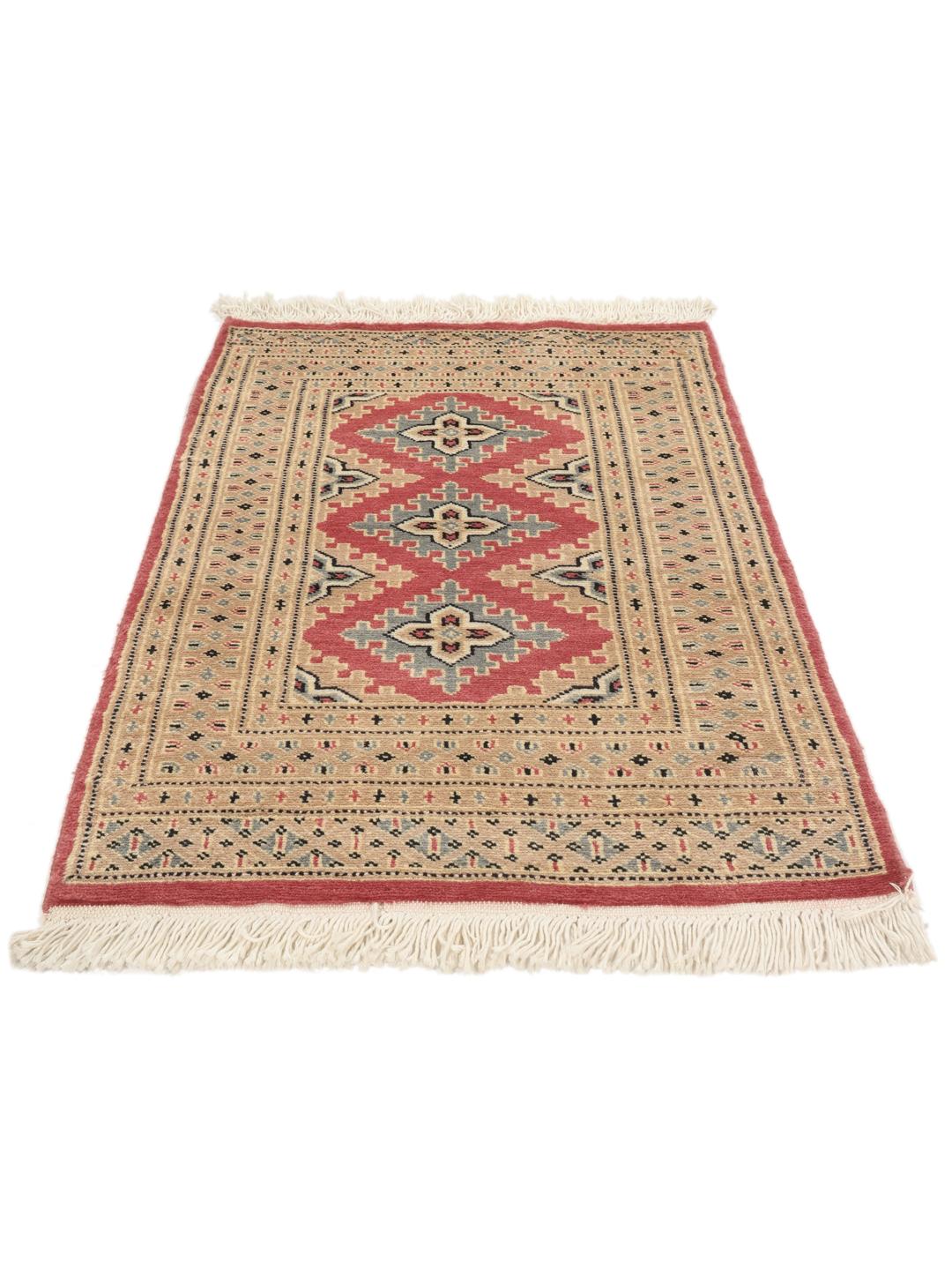 Hand-knotted Pakistan Bokhara rug with red and beige geometric floral patterns