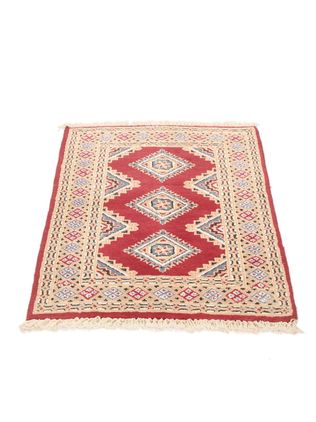 Hand-knotted red Pakistan Bokhara rug with geometric patterns