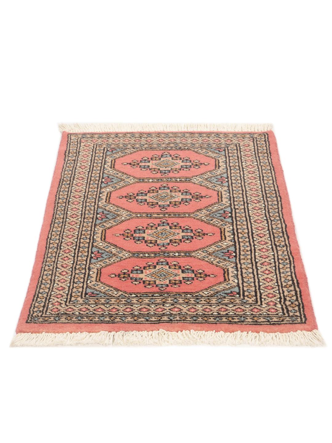 A hand-knotted Pakistan Bokhara rug with a red field and traditional medallion patterns.