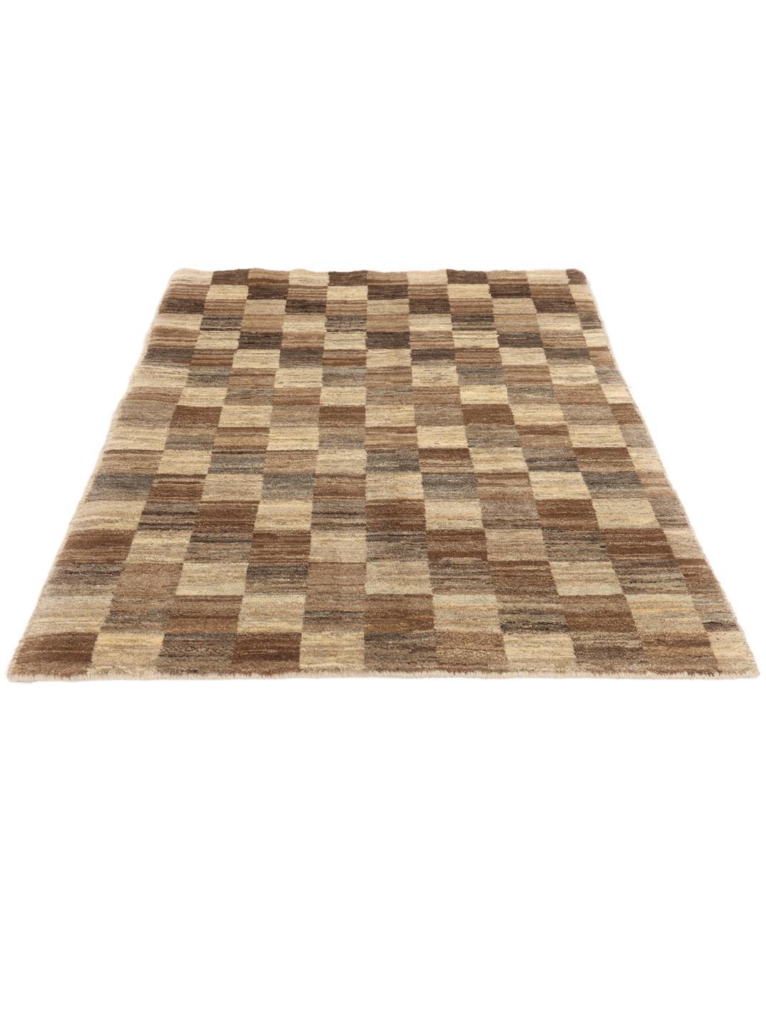 Met de hand geknoopt Gabbeh Fine wollen tapijt met een bruin en beige geblokt patroon uit het Midden-Oosten