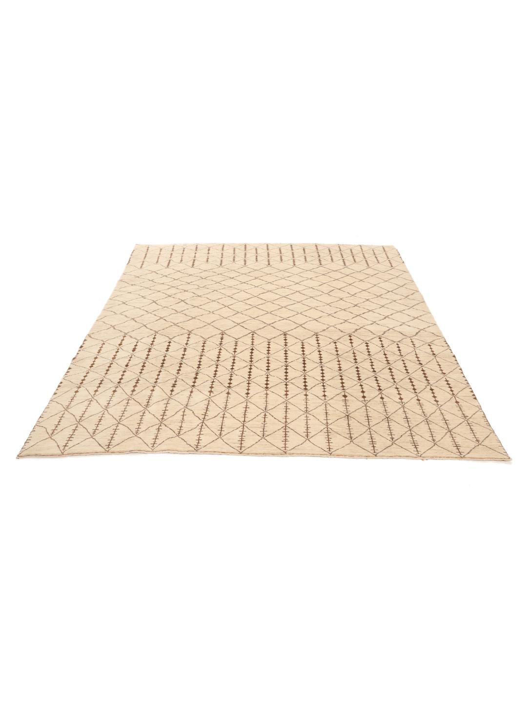 Hand-knotted Gabbeh Fine wool rug with geometric patterns in beige and brown, origin Middle East.