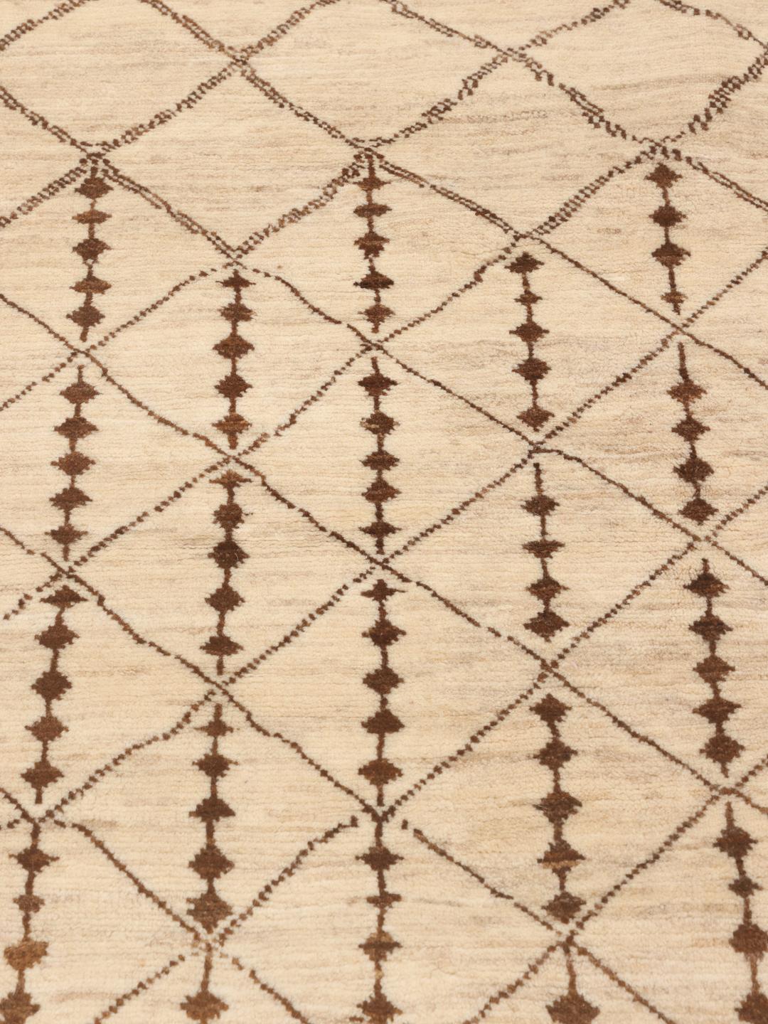 Hand-knotted Gabbeh Fine wool rug with geometric patterns in beige and brown, origin Middle East.