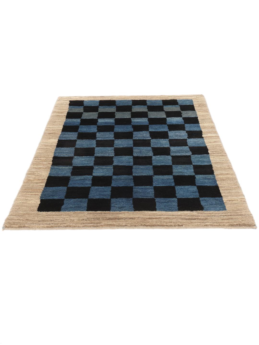 Handgeknoopt Gabbeh-tapijt van Wol uit het Midden-Oosten in een blauw en zwart dambordpatroon