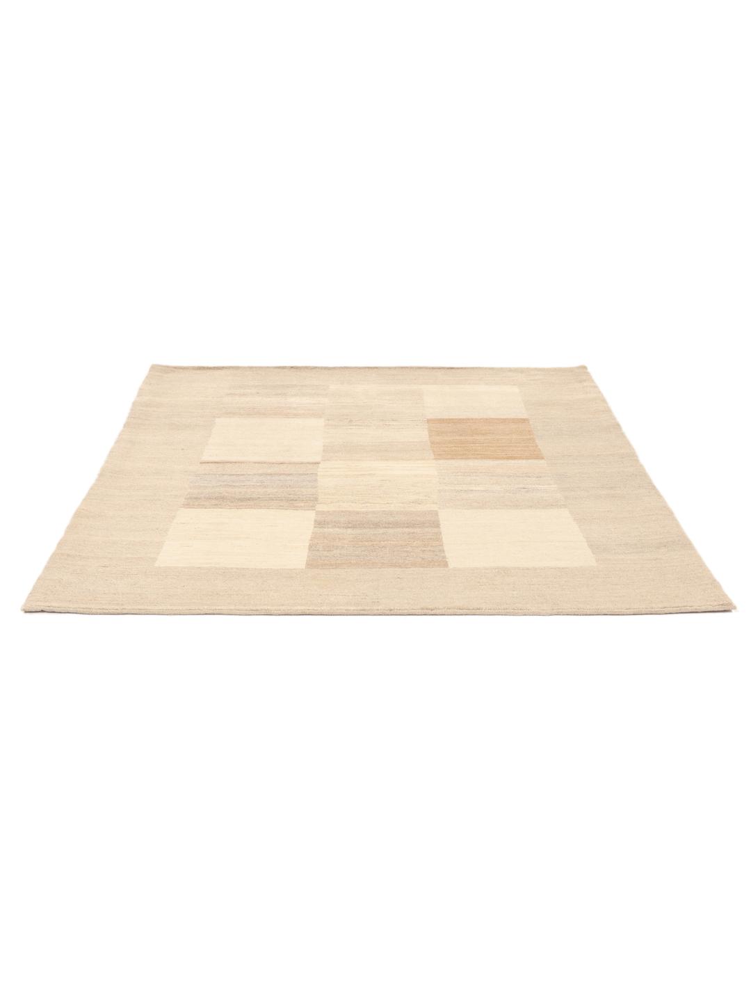 Hand-knotted Gabbeh Fine Wool rug with a geometric pattern in beige tones from the Middle East.