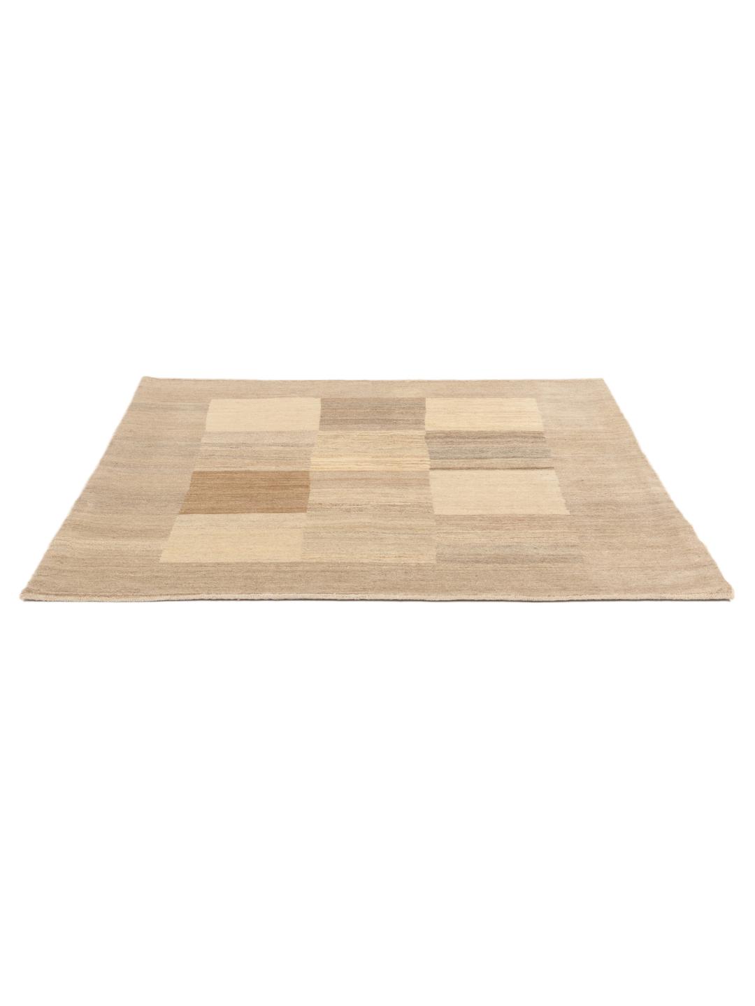 Hand-knotted Gabbeh Fine Wool rug with a geometric pattern in beige tones from the Middle East.