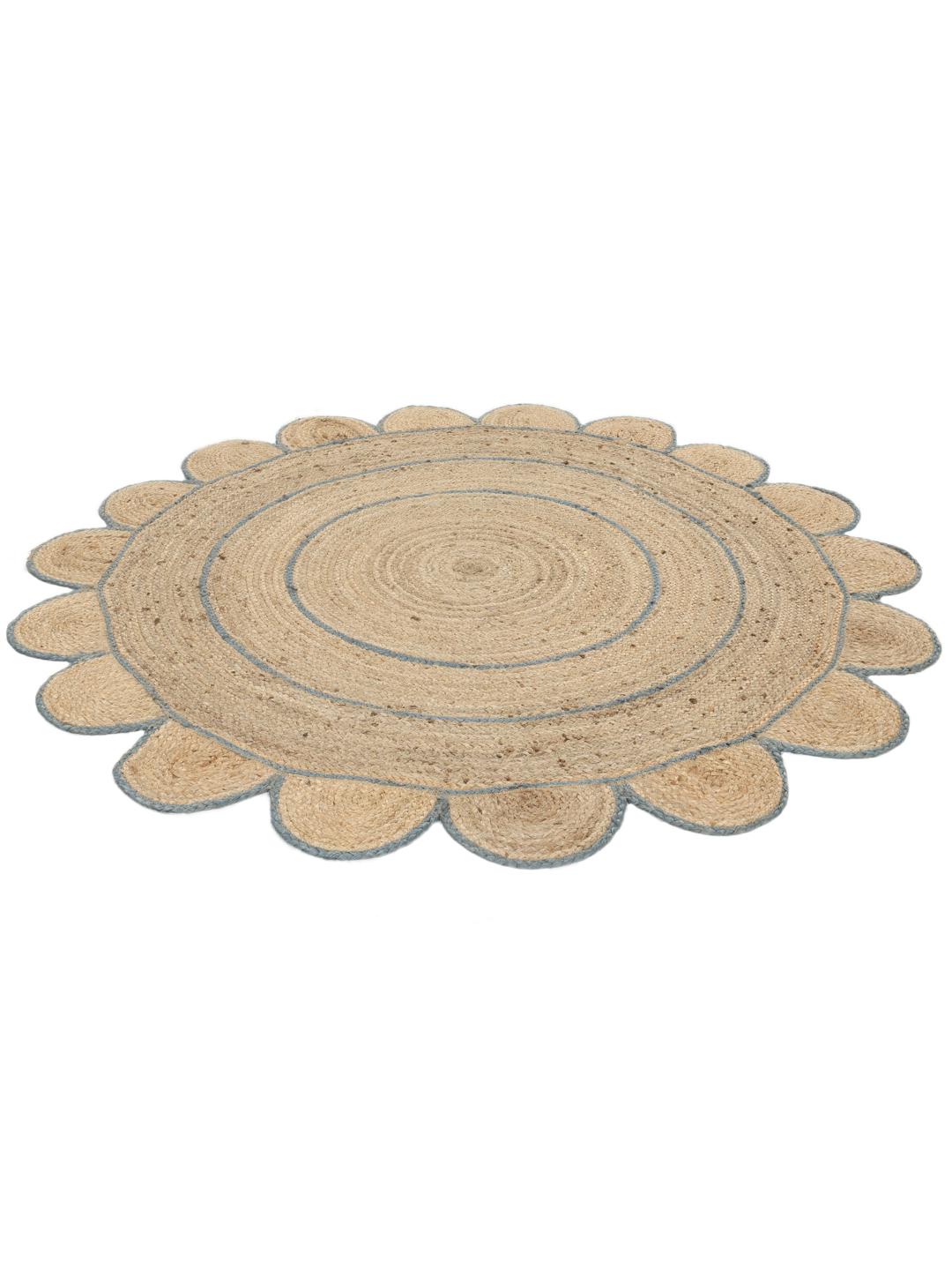 Tapis circulaire beige et bleu avec un bord festonné fabriqué en jute naturel