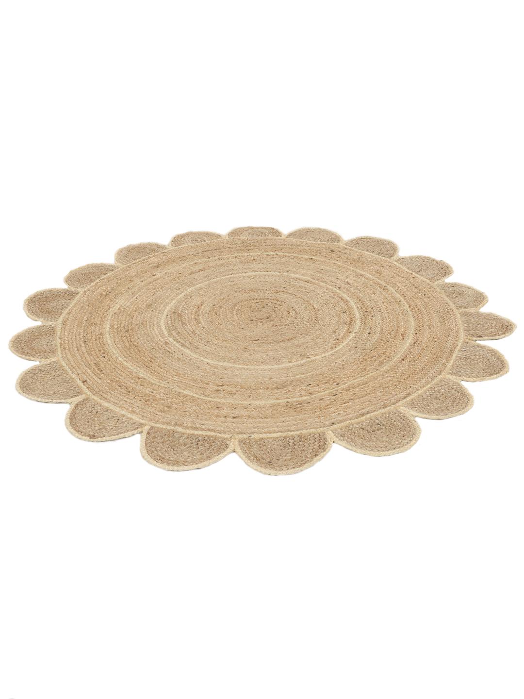 Rond beige jute vloerkleed met een schulprand