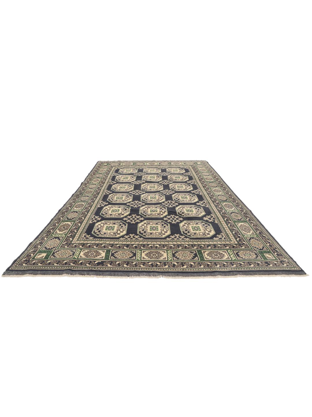 Tapis Afghan Akhche noué à la main avec des motifs géométriques en bleu foncé et vert