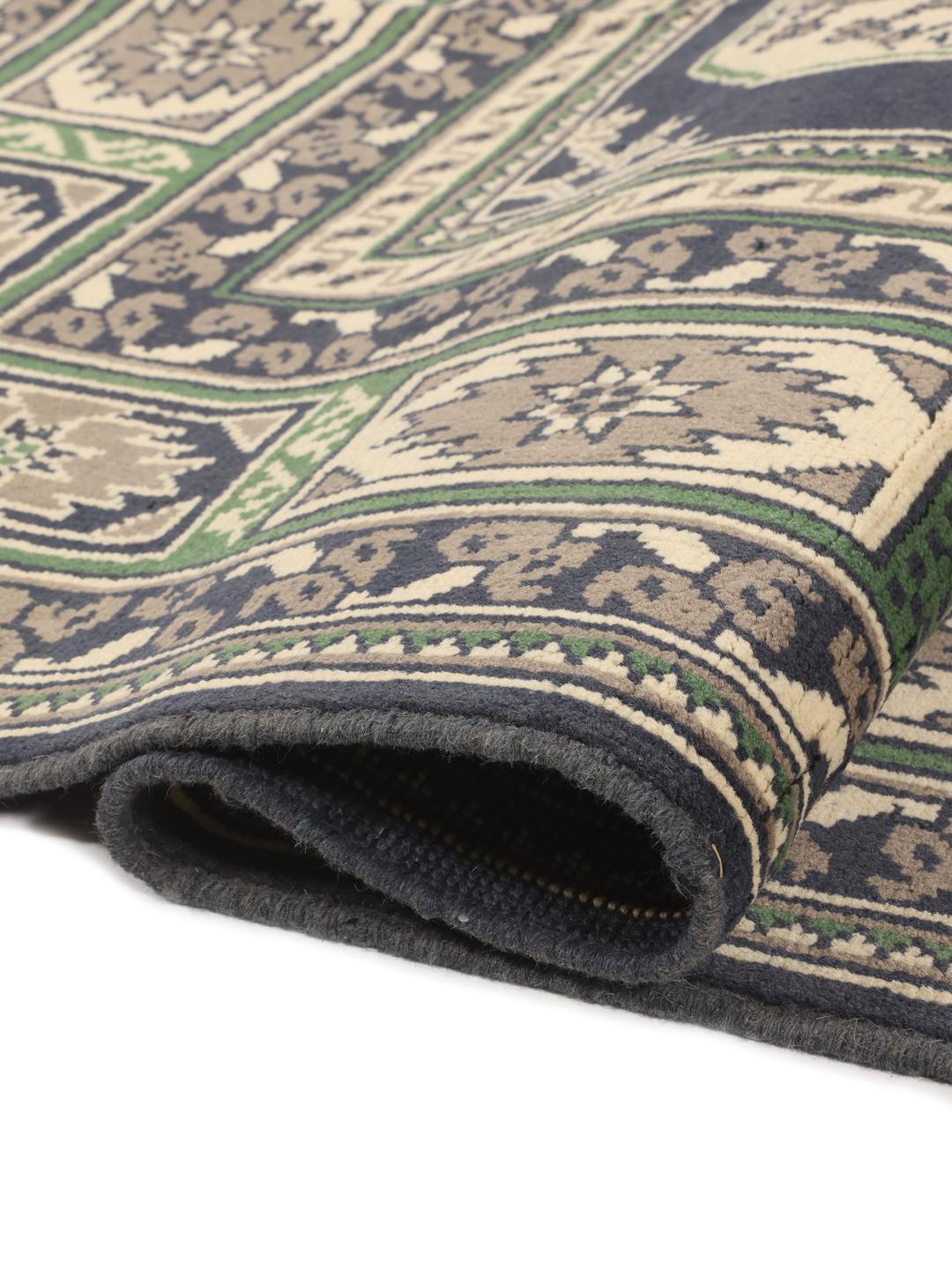Tapis Afghan Akhche noué à la main avec des motifs géométriques en bleu foncé et vert