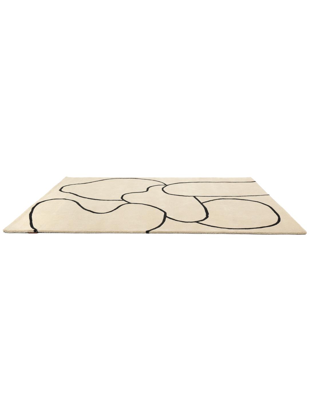 Beige en zwart handgetuft wollen tapijt met organische abstracte lijnen