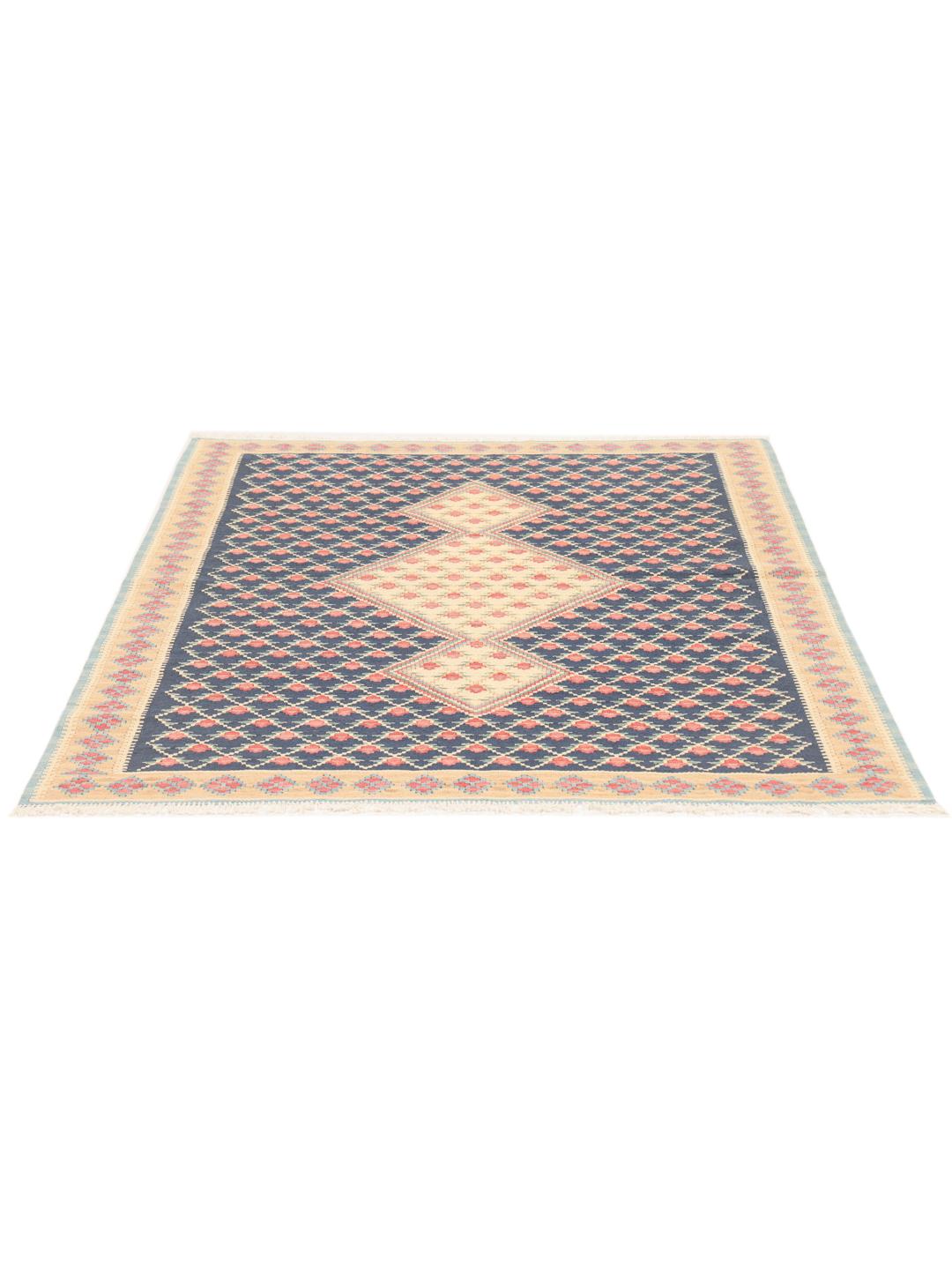 A hand-woven Kelim Senneh Fine rug from the Middle East in dark-blue and beige tones.