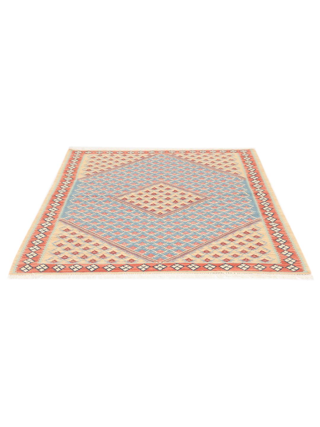 Håndvævet Kelim-tæppe fra Mellemøsten med et blåt og rødt geometrisk diamantmønster