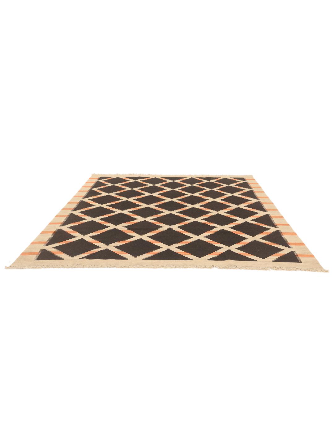 Håndvævet Ghashghai-kelim med sorte og orange geometriske diamantmønstre