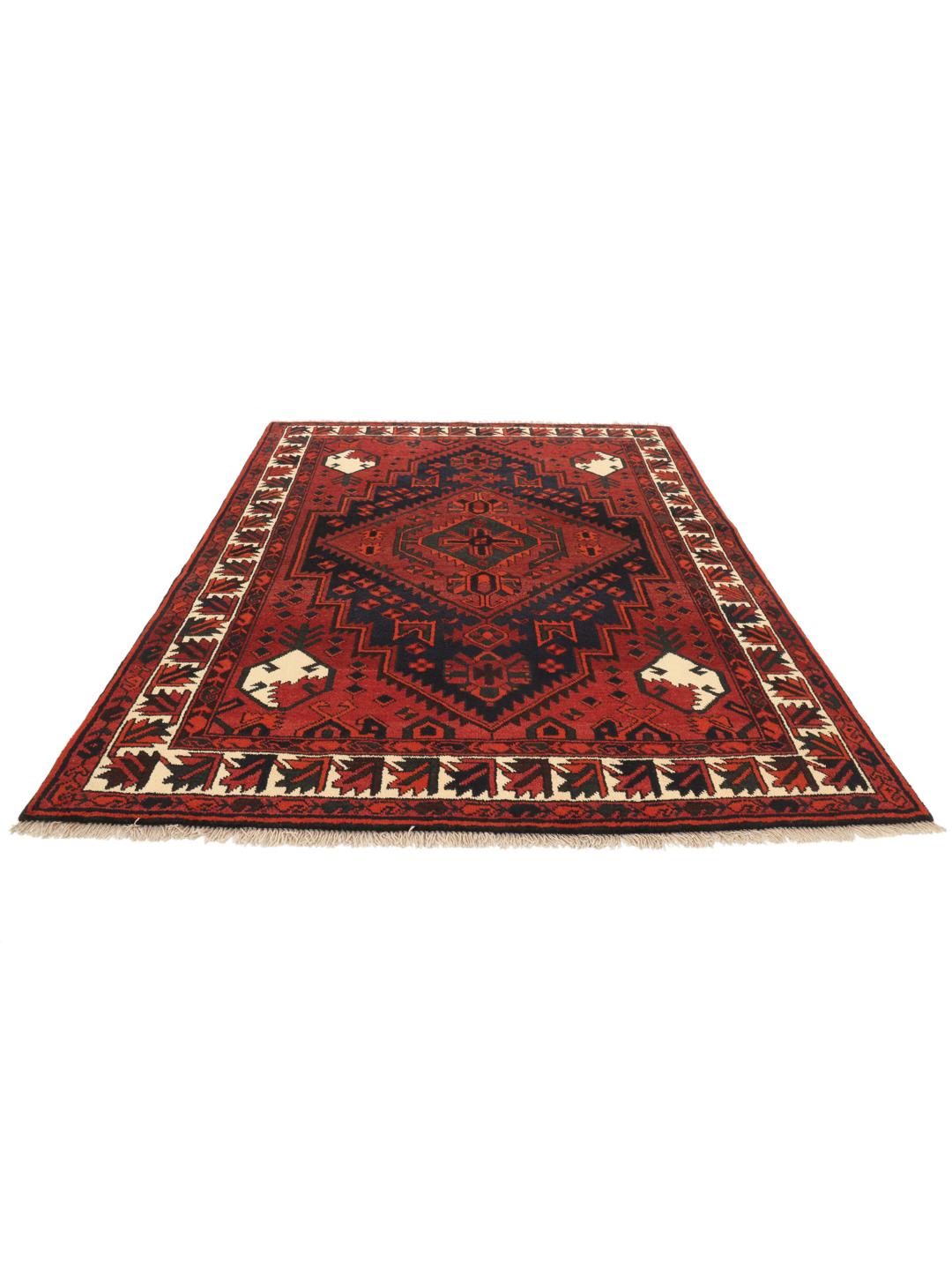 Hand-knotted Lori rug from the Middle East in dark red and black tones