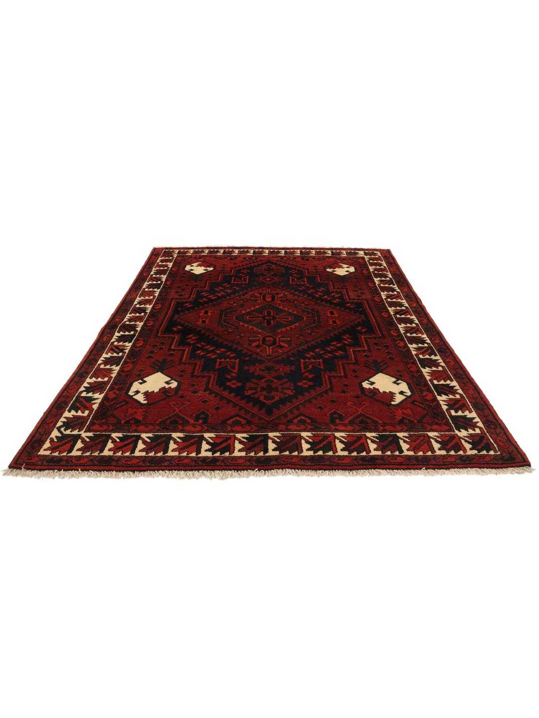 Hand-knotted Lori rug from the Middle East in dark red and black tones