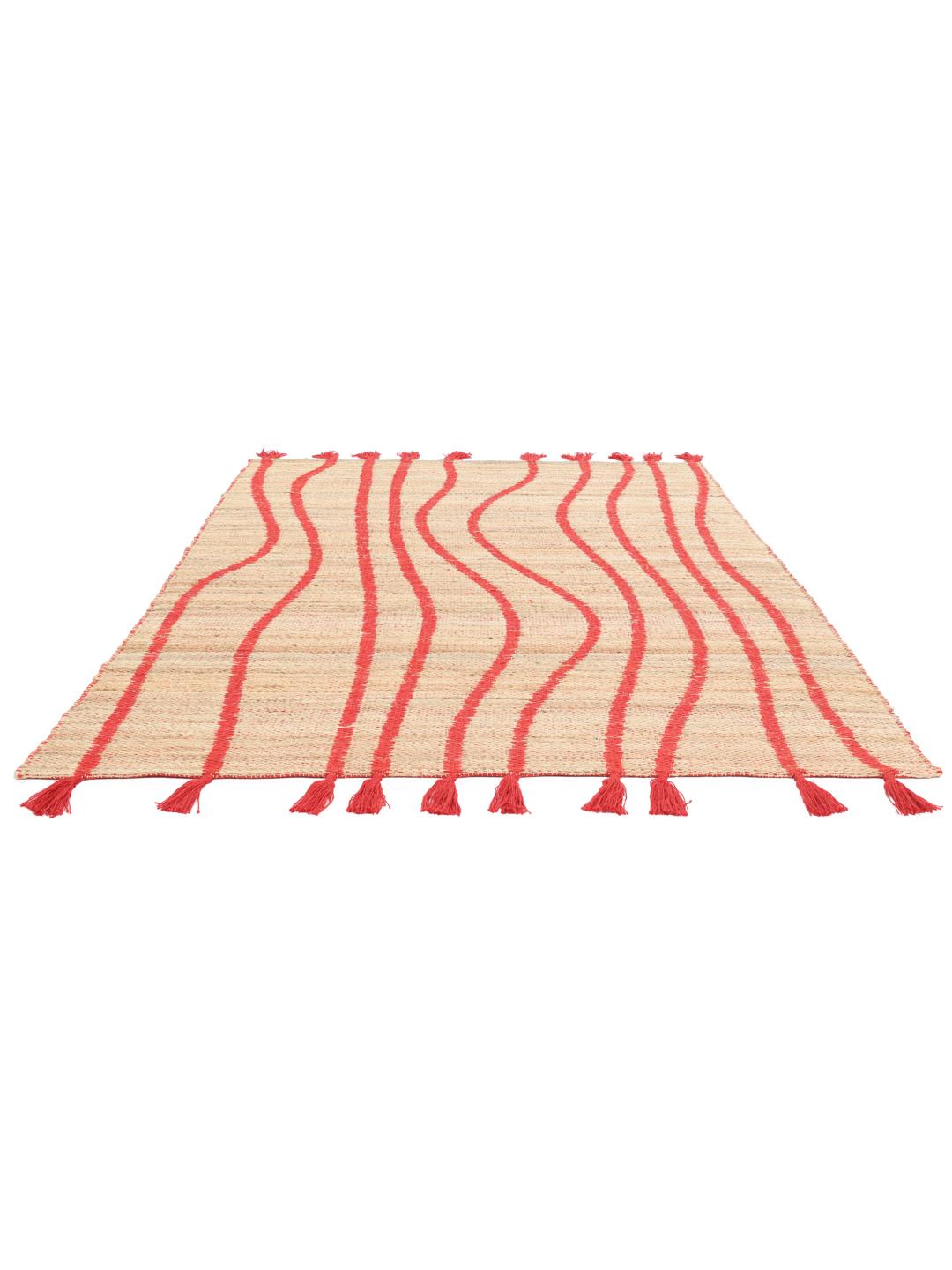 Beige en rood geweven tapijt met golvende lijnen en kwastjes