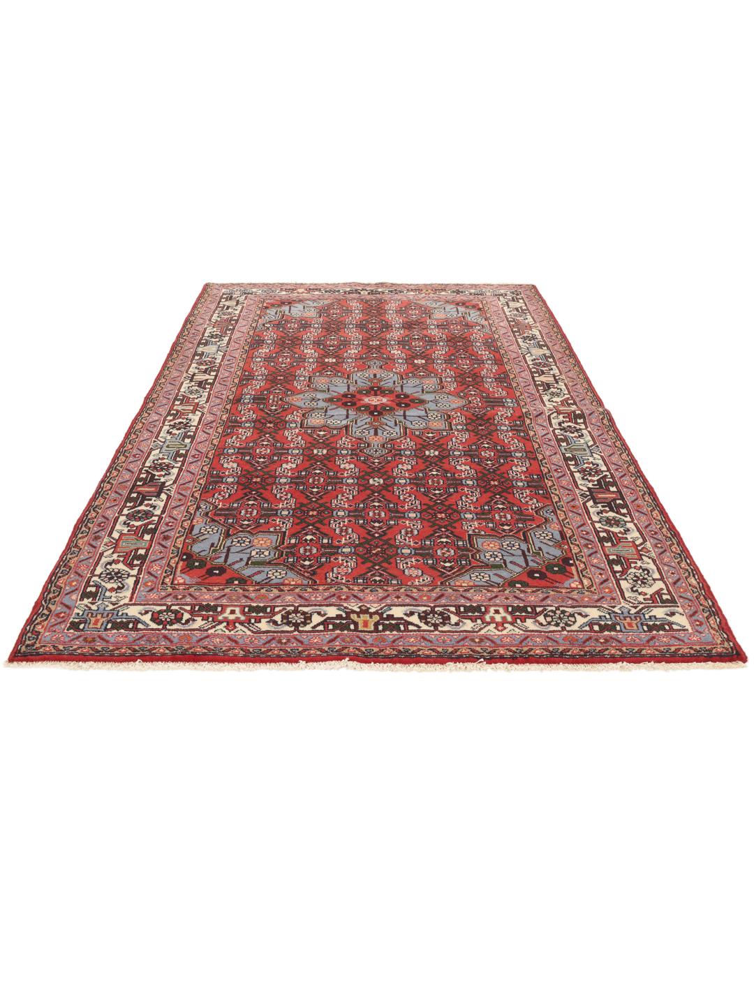 A hand-knotted Hamadan rug from the Middle East with a red field and intricate patterns.