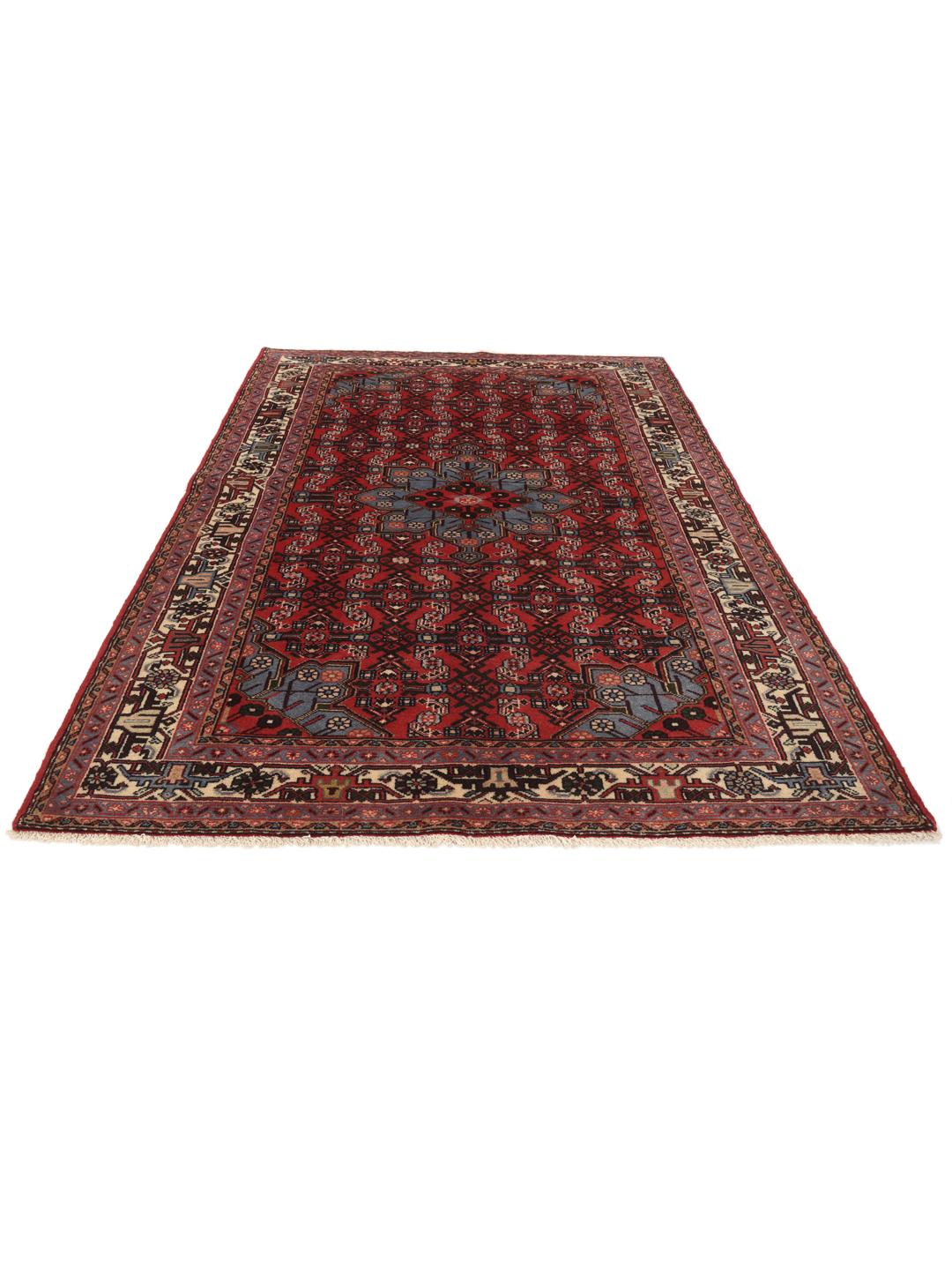 A hand-knotted Hamadan rug from the Middle East with a red field and intricate patterns.