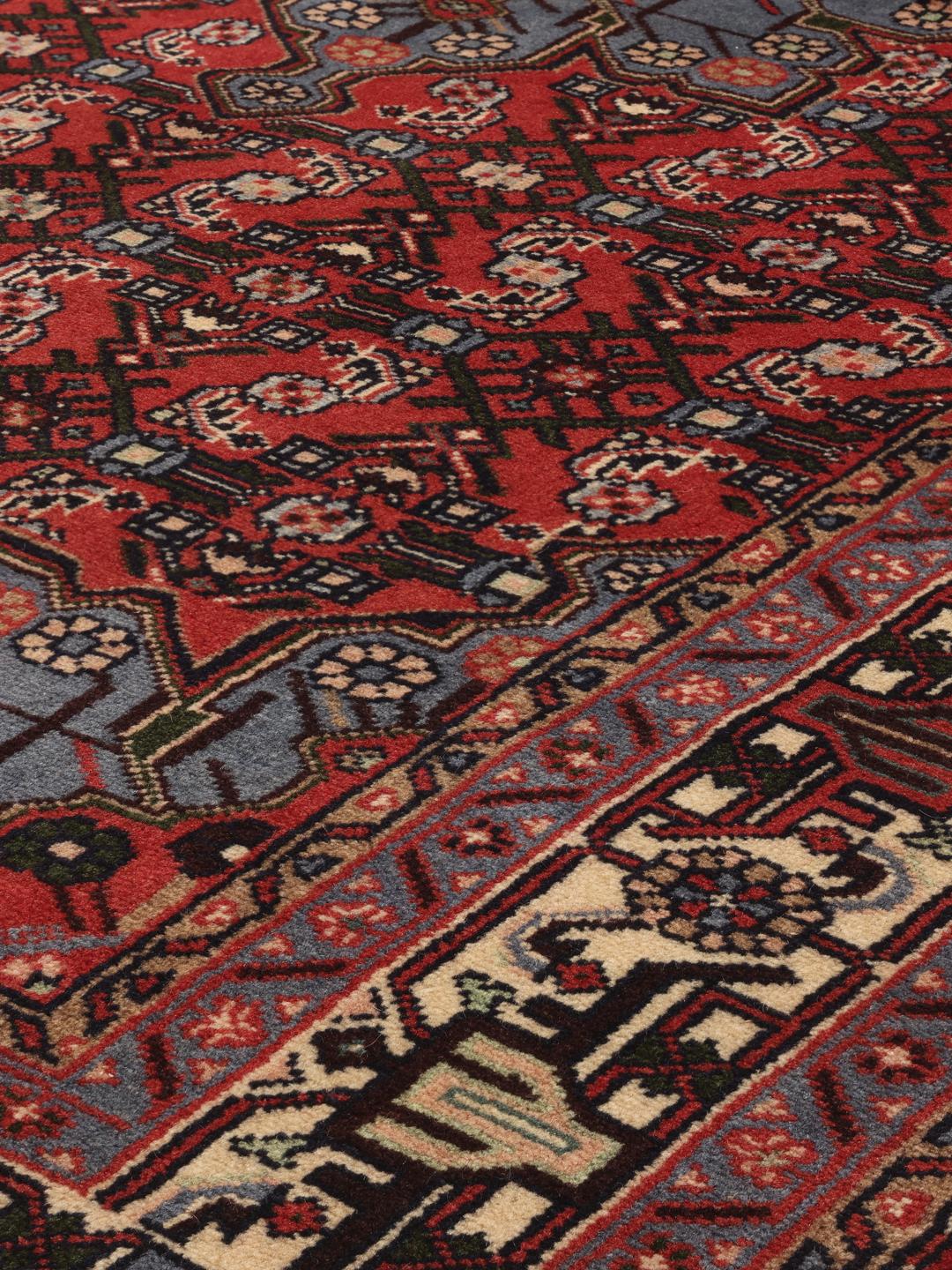 A hand-knotted Hamadan rug from the Middle East with a red field and intricate patterns.