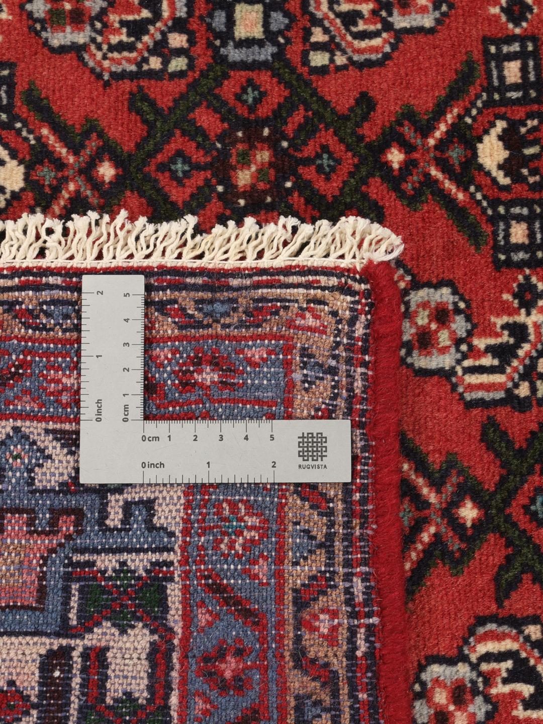 A hand-knotted Hamadan rug from the Middle East with a red field and intricate patterns.
