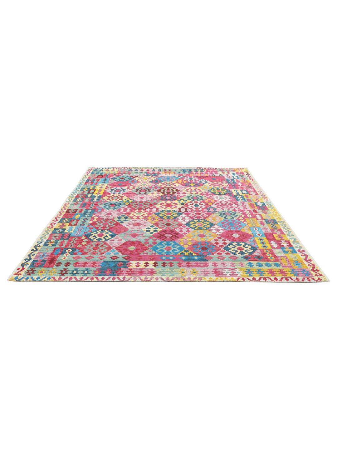 Multicolour vloerkleed met een geometrisch Kilim patroon.