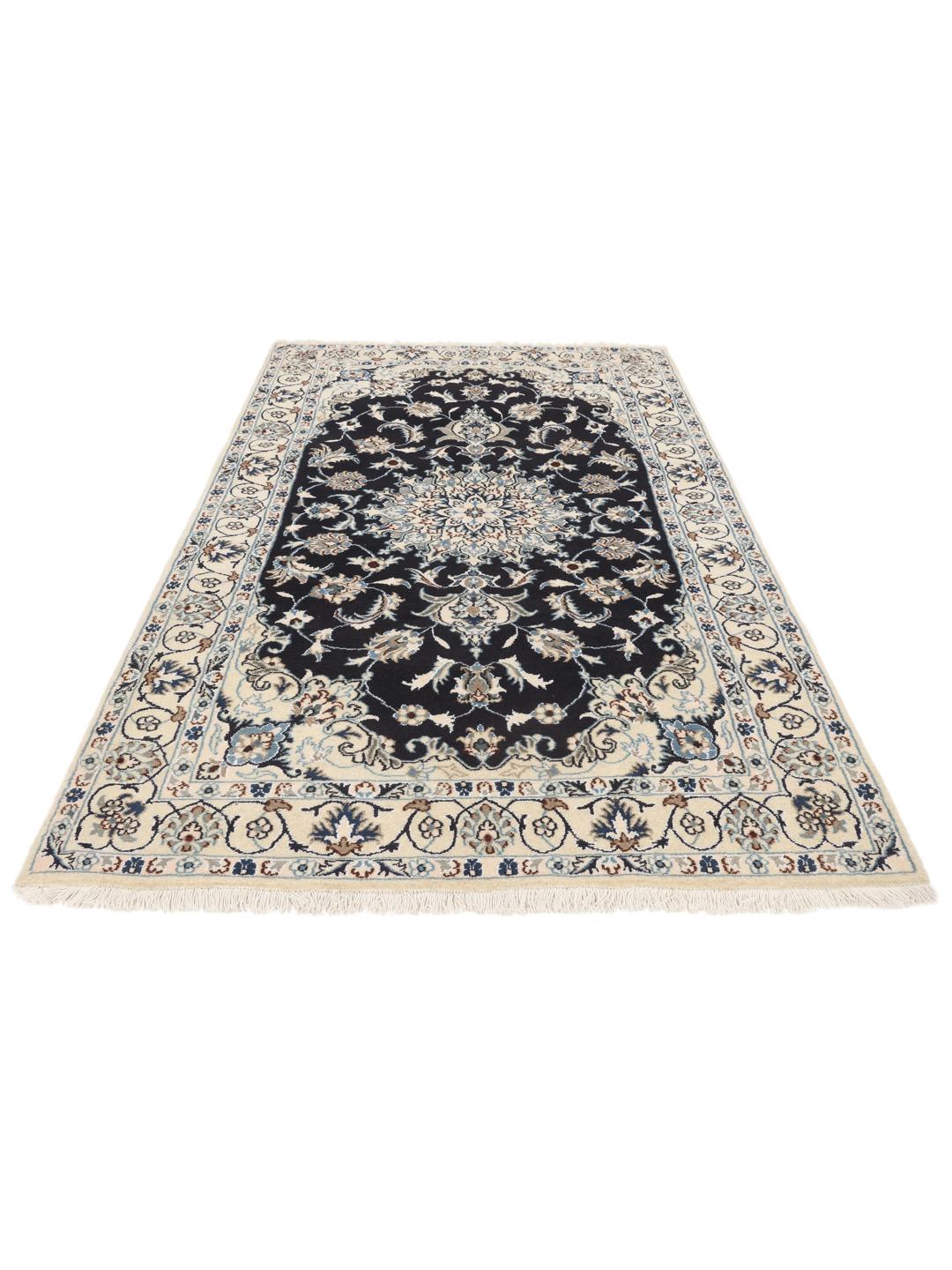 A hand-knotted Nain rug from the Middle East featuring a black field and floral medallion in beige and blue tones.