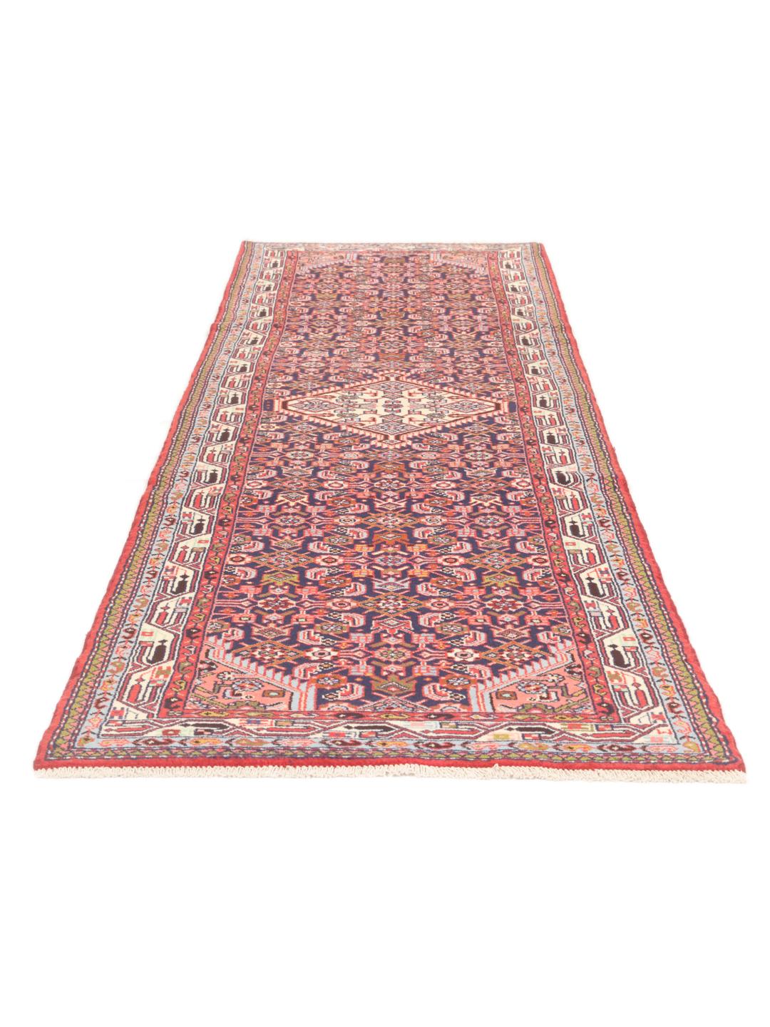 Hand-knotted Asadabad runner with intricate geometric patterns in dark red and blue tones