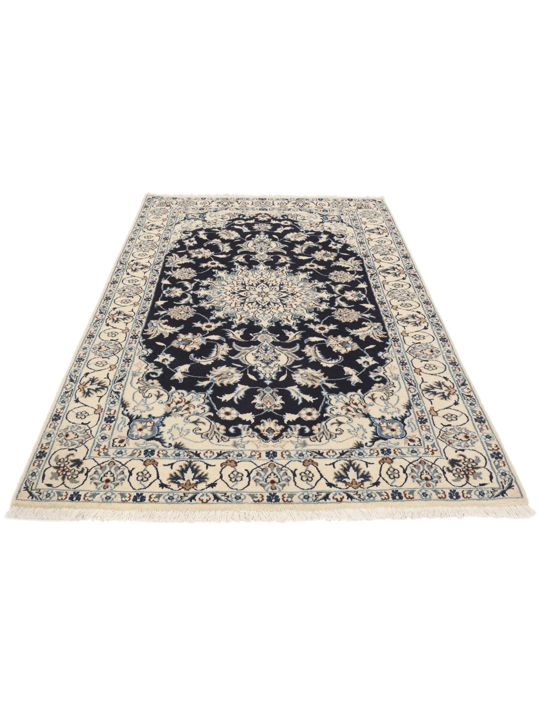 Authentic hand-knotted Nain rug with dark blue field and ivory floral patterns