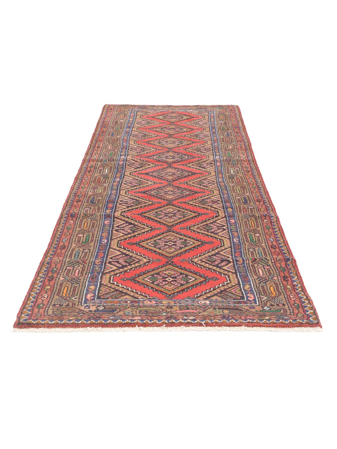 Hand-knotted wool runner rug from the Middle East in dark-red with geometric patterns