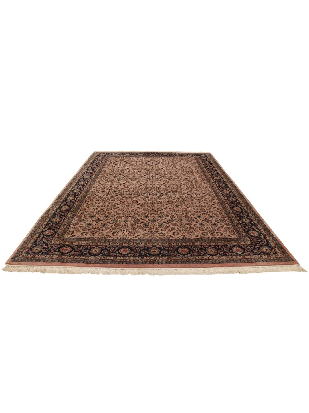 Handgeknoopt Mir Indo tapijt uit India met bloemmotieven in beige en donkerblauw