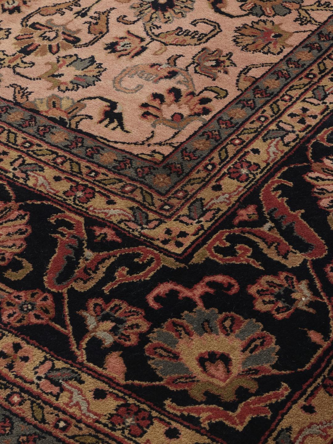 Handgeknoopt Mir Indo tapijt uit India met bloemmotieven in beige en donkerblauw