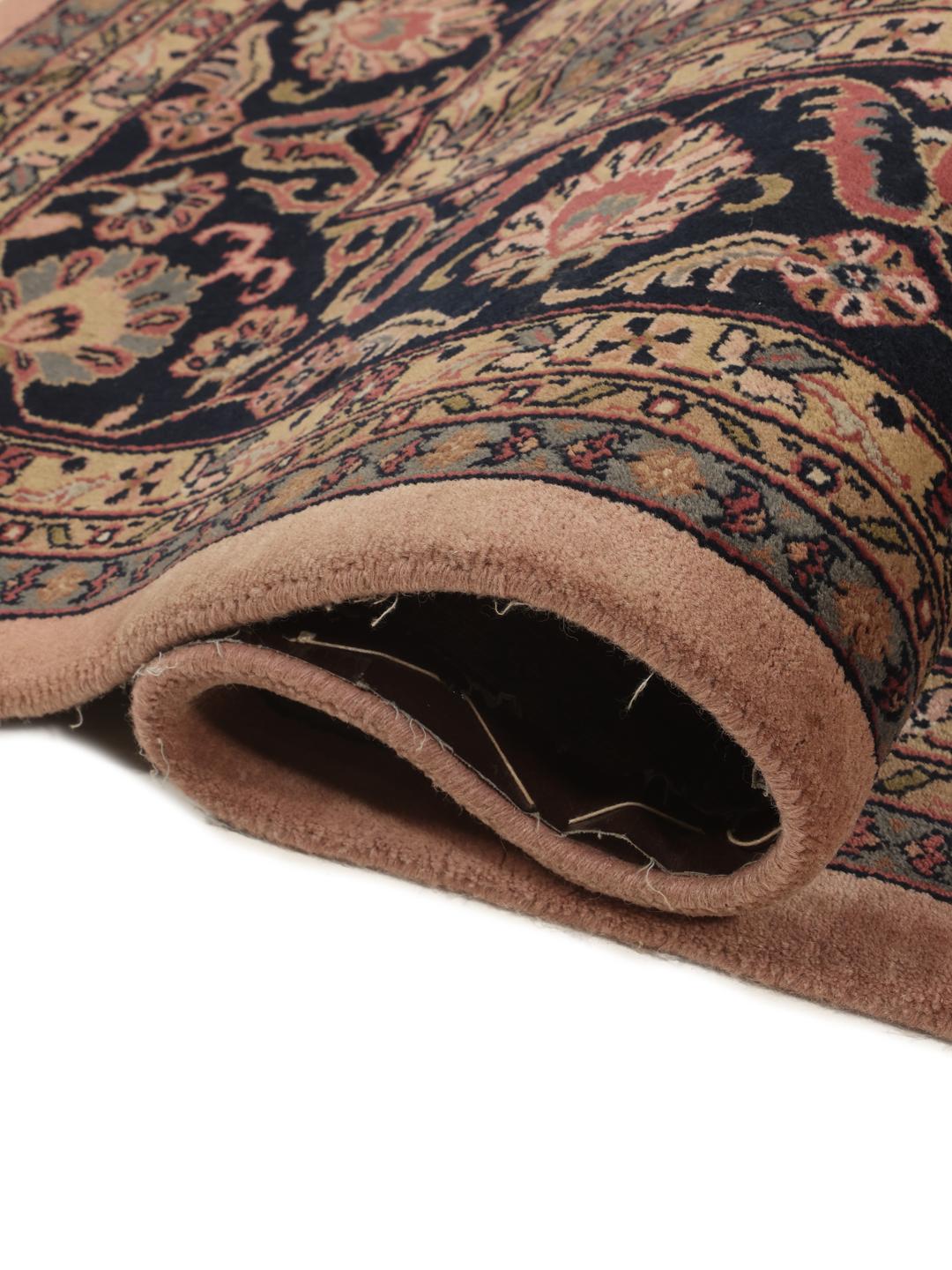 Handgeknoopt Mir Indo tapijt uit India met bloemmotieven in beige en donkerblauw