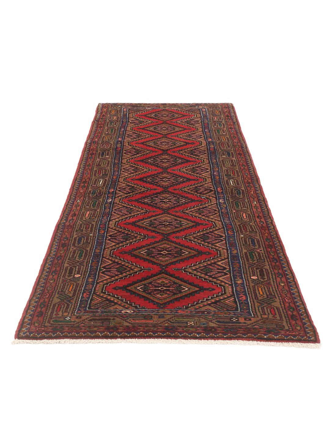 Hand-knotted wool runner rug from the Middle East in dark-red with geometric patterns