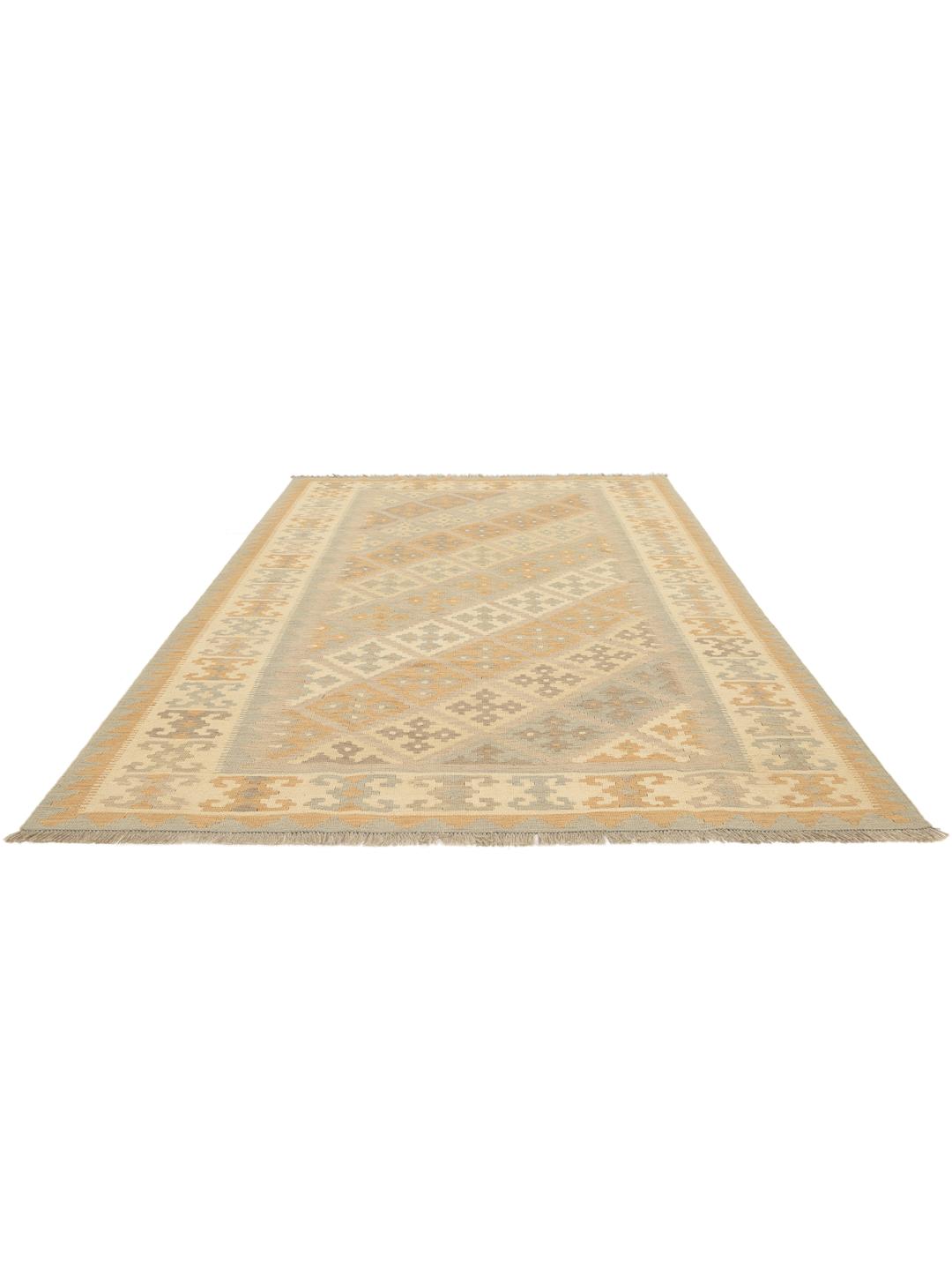 Tappeto Kilim Ghashghai tessuto a mano proveniente dal Medio Oriente in tonalità beige e marrone