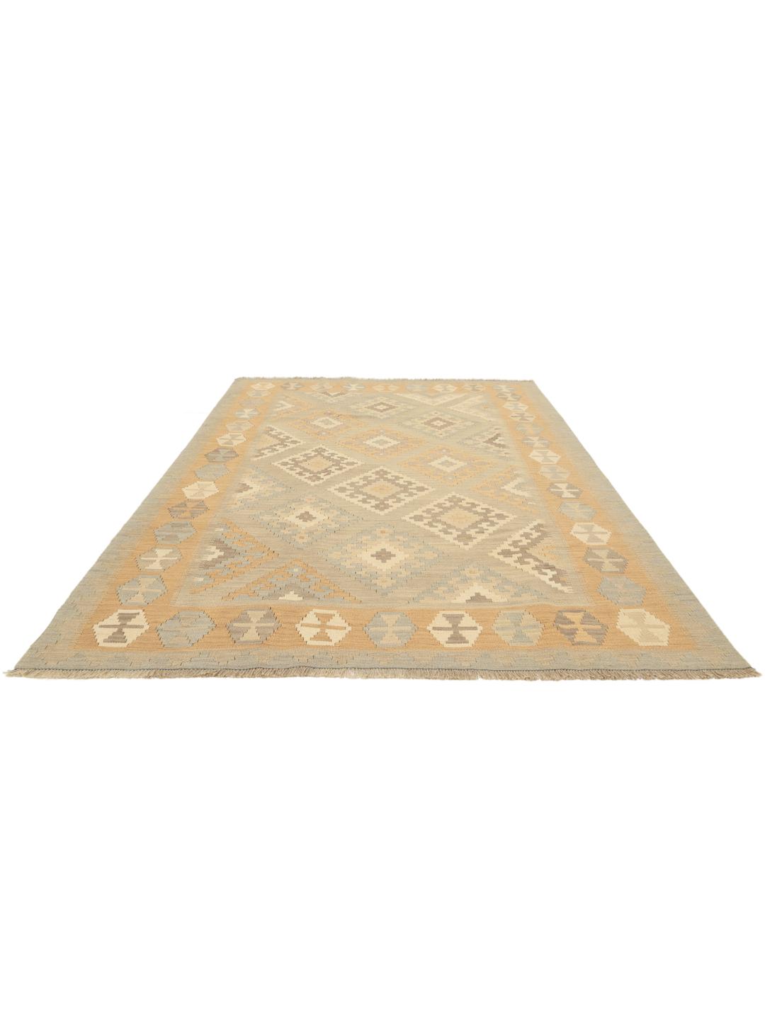 Tappeto Kilim Ghashghai tessuto a mano in tonalità beige e azzurro chiaro