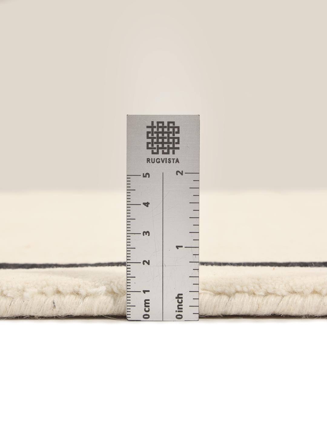 Hand-woven minimalist rug from India with a beige field and dark border