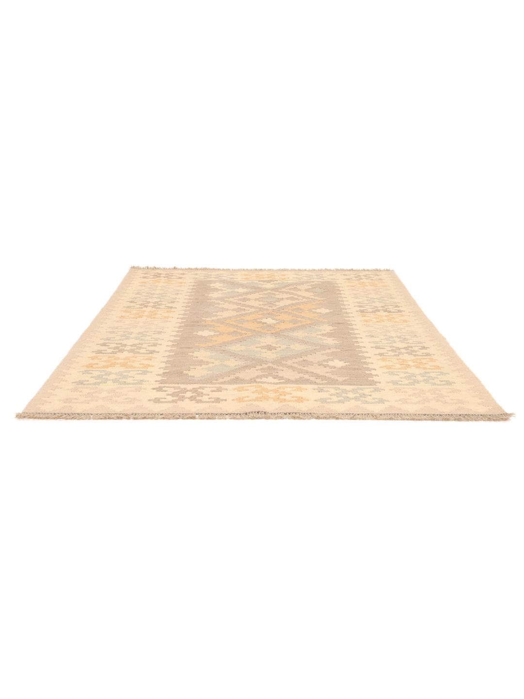Tappeto kelim Ghashghai beige tessuto a mano con motivi geometrici dal Medio Oriente