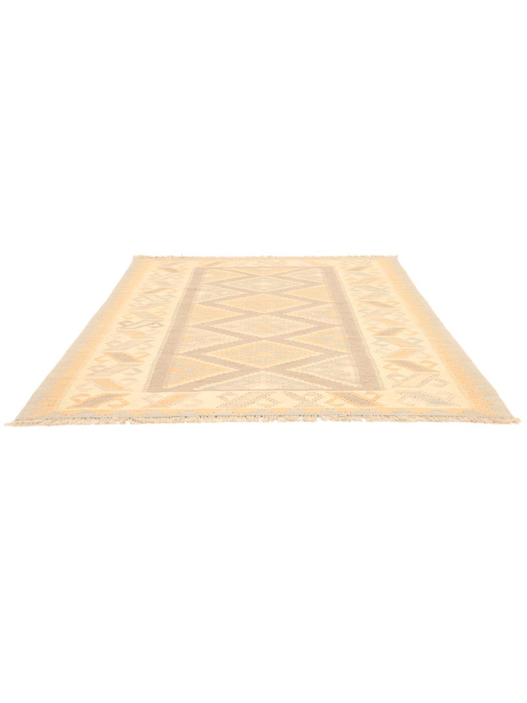 Tappeto Kilim tessuto a mano dal Medio Oriente con motivi geometrici in beige e grigio