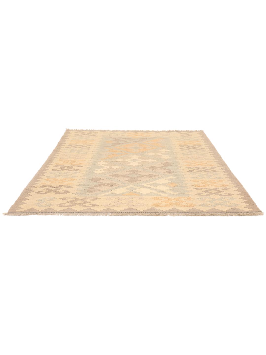 Tappeto Kilim Ghashghai tessuto a mano con motivi geometrici in beige e tonalità tenui