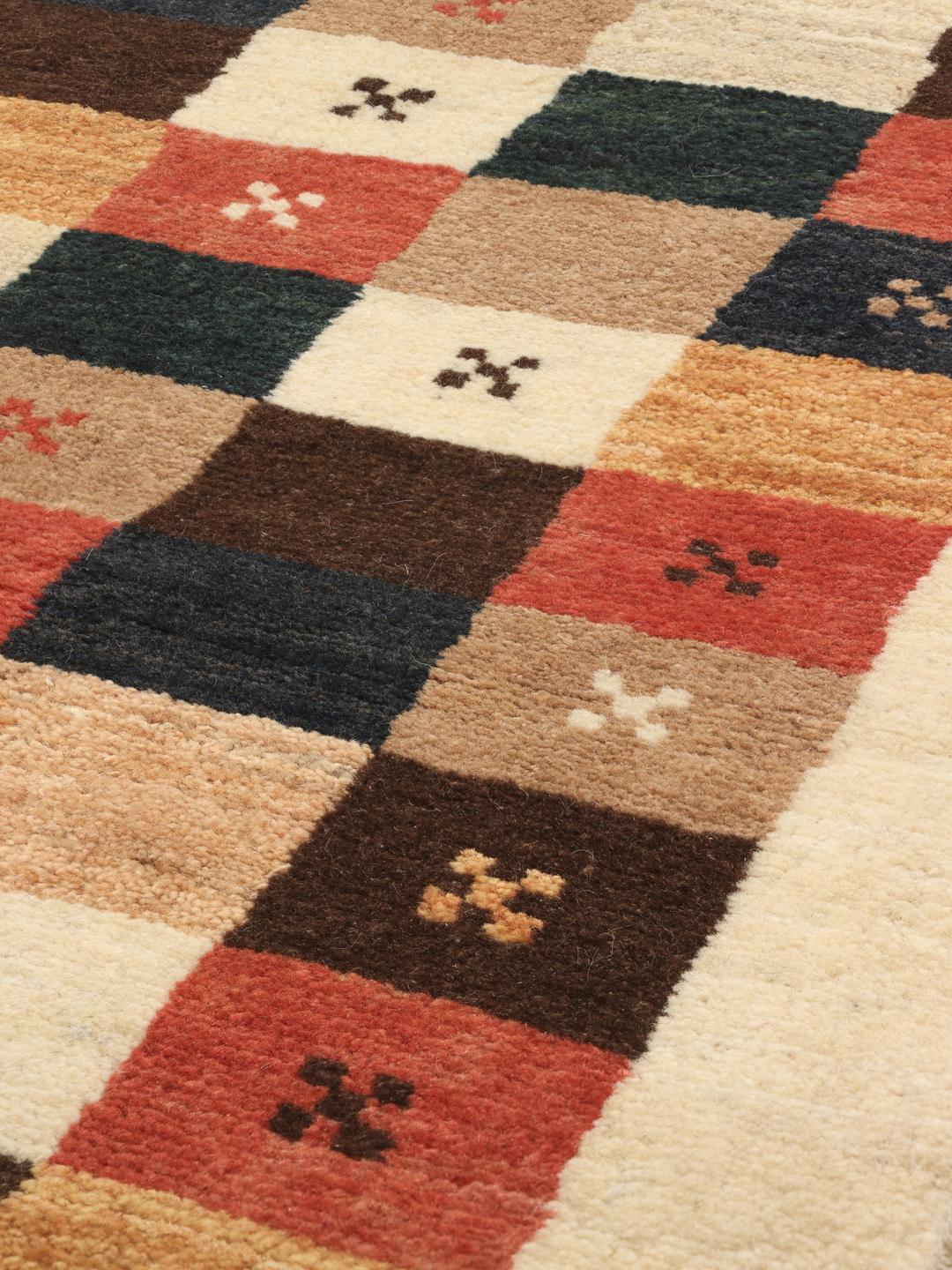 Hand-knotted Gabbeh Fine rug from the Middle East featuring a multicolor checkered pattern