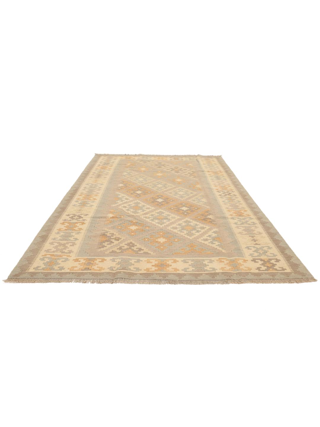 Tappeto Kelim Ghashghai tessuto a mano proveniente dal Medio Oriente in beige e tonalità terrose tenui