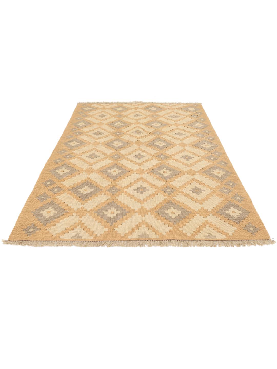 Tappeto Kilim Ghashghai tessuto a mano con motivi geometrici a rombi in beige e grigio