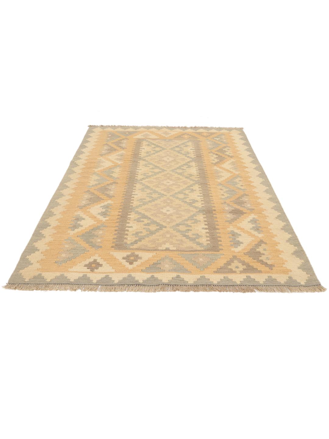 Tappeto Kilim Ghashghai tessuto a mano con motivi geometrici in beige e grigio
