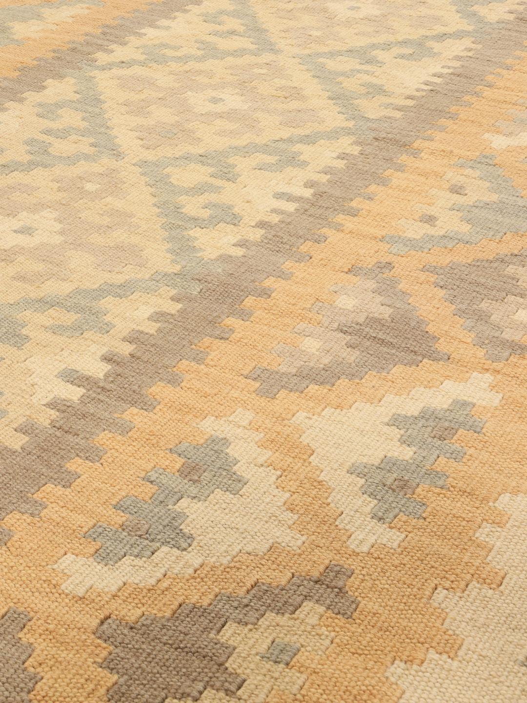 Tappeto Kilim Ghashghai tessuto a mano con motivi geometrici in beige e grigio