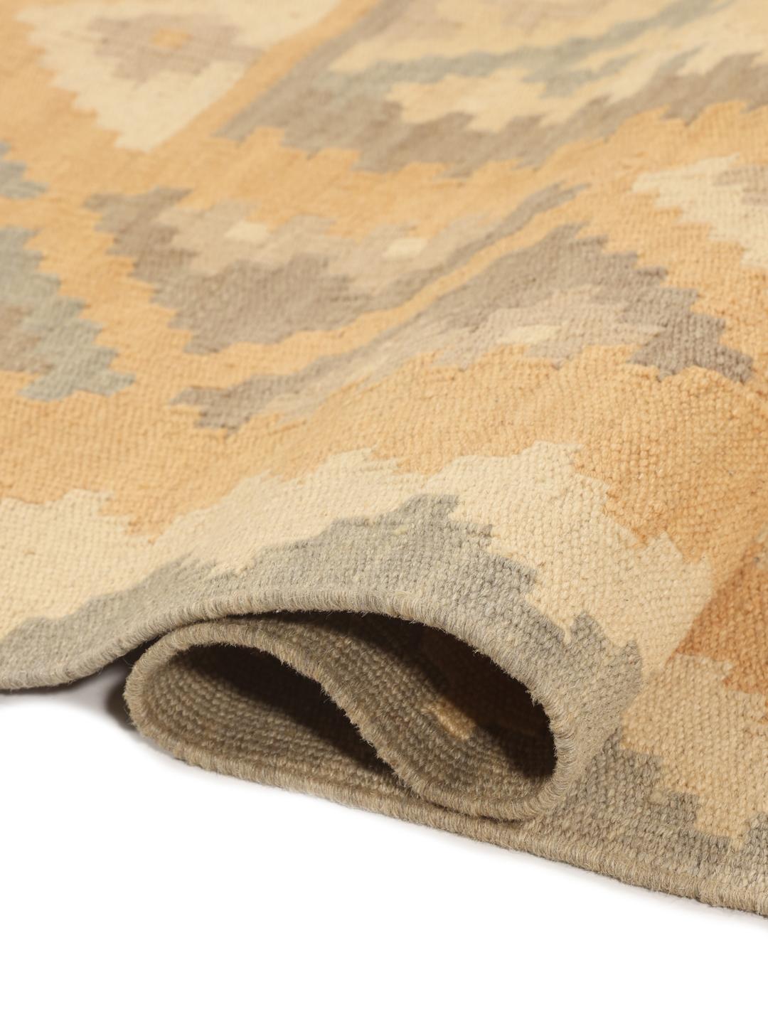 Tappeto Kilim Ghashghai tessuto a mano con motivi geometrici in beige e grigio