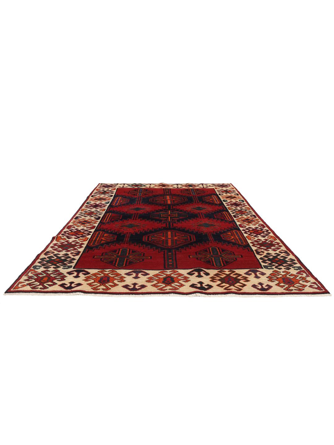 Hand-knotted Lori rug from the Middle East with a red and dark-blue geometric design.