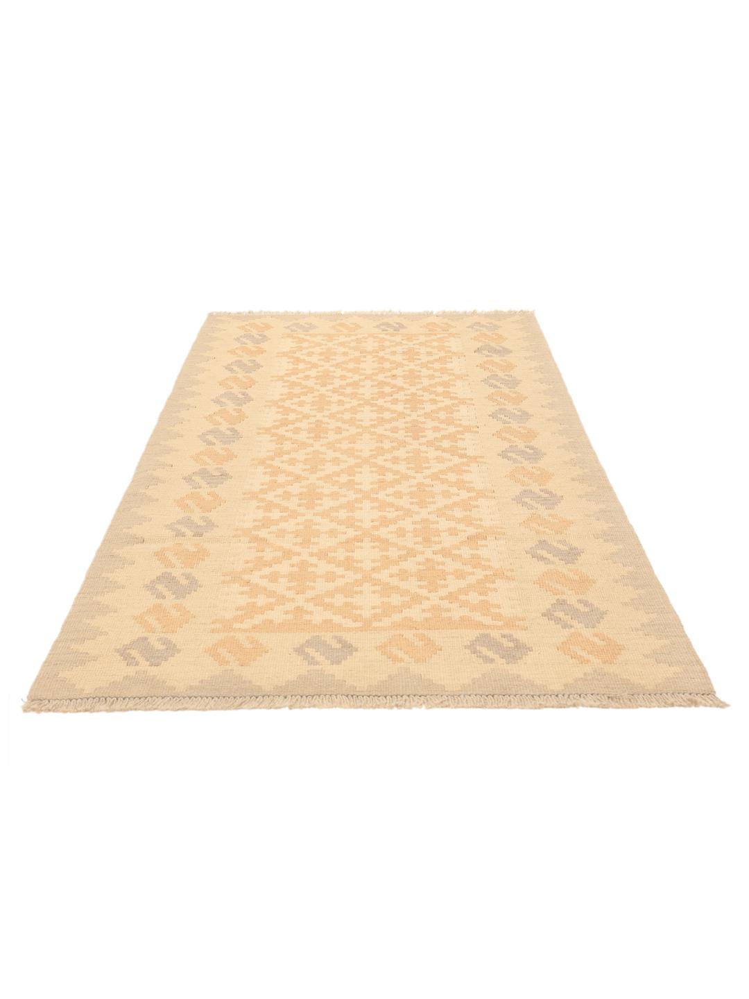 Passatoia Kilim tessuta a mano con motivi geometrici in toni beige e grigi proveniente dal Medio Oriente